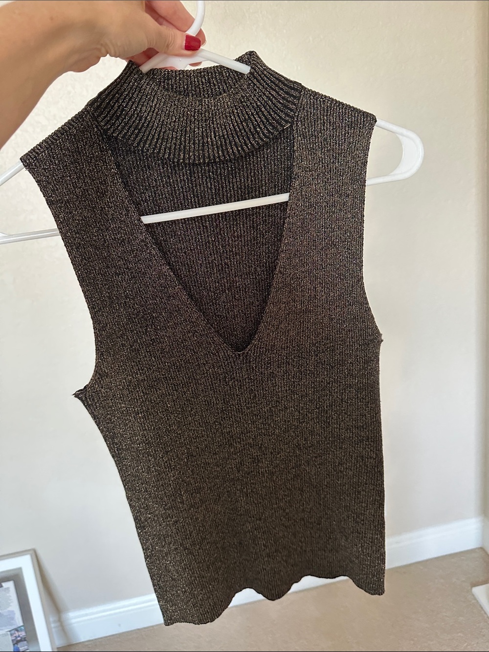 A.L.C. Metallic Dark Brown and Gold Sleeveless V-Neck Knit Top